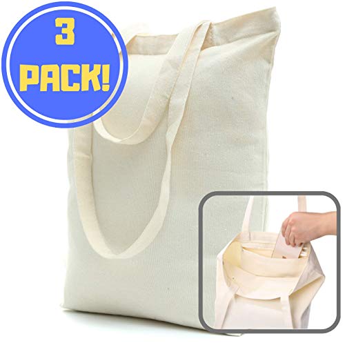 Heavy Duty and Strong, Large Zippered Canvas Tote Bags with Bottom Gusset & Zippered Pocket for Crafts, Shopping, Groceries, Books, Welcome Bag, Diaper Bag, and the Beach!