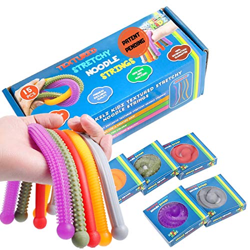 Durable TEXTURED (Patent Pending) Stretchy String Fidget and Sensory Toy - 15 Packs of Individually Packaged Monkey Noodles - Fun and Therapeutic Stress and Anxiety Reliever for Kids