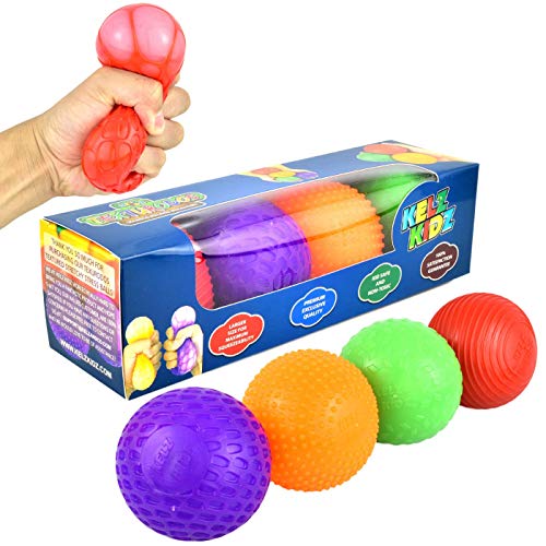 KELZ KIDZ Texturodos Textured Pull and Stretch Sensory Bin Stress Balls (4 Pack) - Great Therapeutic Toy for People with Anxiety Disorders