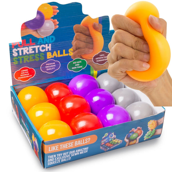 KELZ KIDZ Durable Pull and Stretch Stress Squeeze Ball - Great and Fun Squishy Party Favor Fidget Toy - Excellent Sensory Relief for Tension and Anxiety (12 Pack) CASE OF 10 PACKS